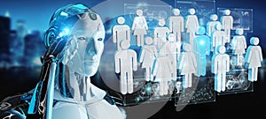 White cyborg controlling group of people 3D rendering