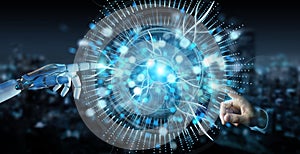 White cyborg hand using digital eye surveillance hologram 3D rendering