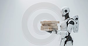 A white cyborg robot is holding several pizza boxes and backpack on white background. Food delivery by robots. Ai generated