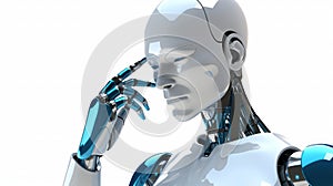 White cyborg thinking. Humanoid robot thinking on white background. Generative AI