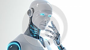 White cyborg thinking. Humanoid robot thinking on white background. Generative AI