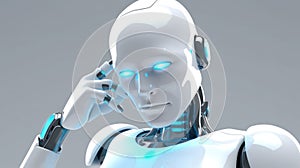 White cyborg thinking. Humanoid robot thinking on white background. Generative AI