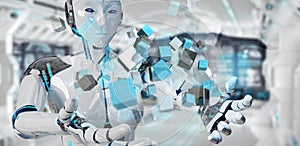 White cyborg using blue digital cube structure 3D rendering