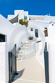 White cycladic architecture in Oia town, Santorini island, Greece