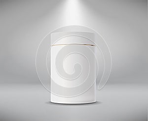 White cylinder box. Round empty paper box for food soup tea or coffee. Vector mockup of white blank box