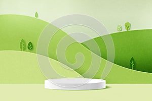 White cylinder podium on green nature mountains landscape.3d Paper cut abstract minimal geometric shape template background.Vector