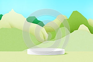 White cylinder podium on green nature mountains landscape.3d Paper cut abstract minimal geometric shape template background.Vector