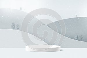 White cylinder podium on mountains landscape.Minimal winter scene background.Vector illustration.3d Paper cut abstract minimal