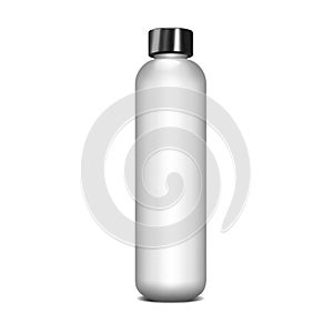 White cylindrical bottle with black screw cap, vector mock-up. Blank container for cosmetic, medical or other liquid product