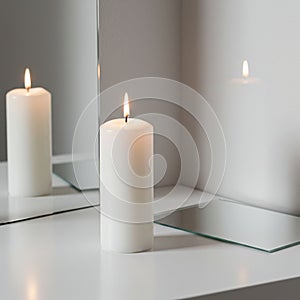 A white cylindrical candle is lit, placed on a smooth, white surface. The flame casts a