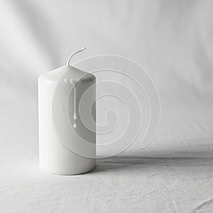 A white cylindrical candle is placed on a white fabric surface