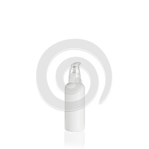 White cylindrical medium PEHD bottle container with transparent lotion pump on white background. Template of a bottle for