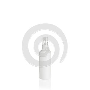 White cylindrical medium PEHD bottle container with trasparent spray pump on white background. Packaging of antiseptic. Template