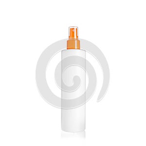 White cylindrical PEHD bottle container with orange spray pump. Packaging of antiseptic. Template of a bottle for cosmetics and