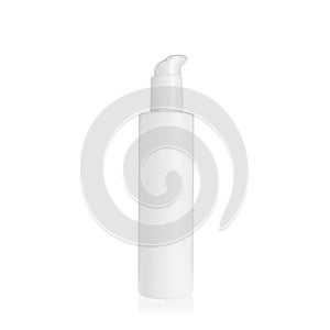 White cylindrical PEHD bottle container with white lotion pump. Packaging of antiseptic. Template of a bottle for cosmetics and