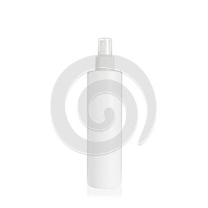 White cylindrical PEHD bottle container with white spray pump. Packaging of antiseptic. Template of a bottle for cosmetics and