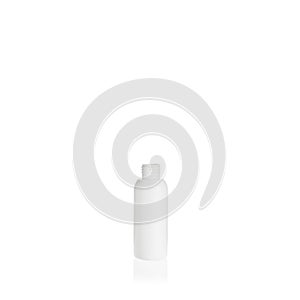White cylindrical small PEHD bottle container on white background. Template of a bottle for cosmetics and medical products
