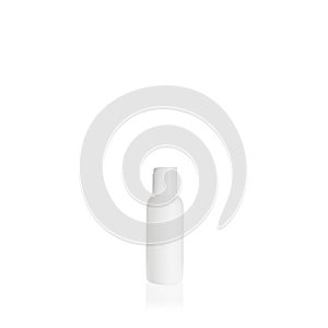 White cylindrical small PEHD bottle container with white plastic cap on white background. Template of a bottle for cosmetics and