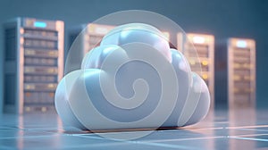 White 3D cloud icon in server room, modern cloud computing and data storage concept