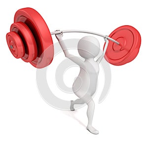 White 3d man lifting heavy red weights barbell