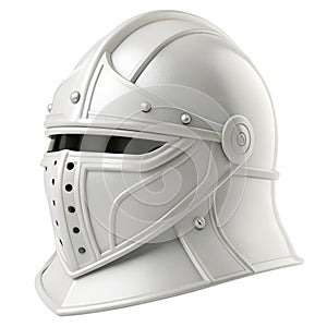 White 3D rendered knight's helmet with visor and gorget on white medieval
