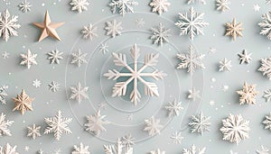 White 3D snowflakes and stars pattern on a light pastel blue winter holiday background