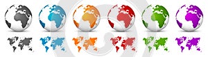 White 3D Vector Globes with World Map in Same Color. Planet Earth with Colorful Continents