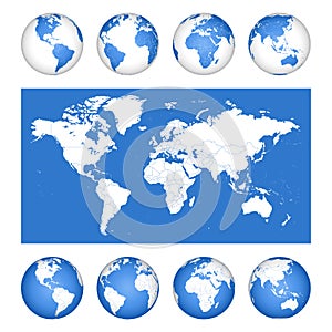 White 3D Vector Globes with World Maps