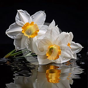 White daffodil flower isolated on black background. Flowering flowers, a symbol of spring, new life