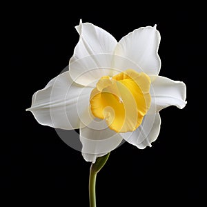 White daffodil isolated on black background,  Close up