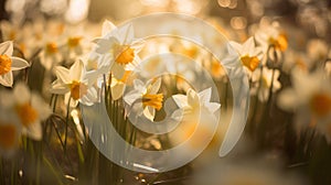 White daffodils in the field. Spring flowers in evening lit by the setting sun