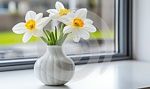 Bright White Daffodils in a Modern Vase by the Window