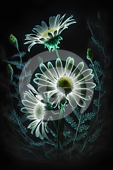 White daisies on a black background. Digital painting of flowers.