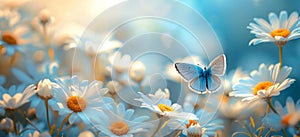 white daisies and a blue butterfly flying in the sky