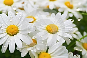 white daisies with dew drops closeup. Beautiful camomile with water drops