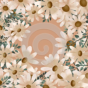 White daisies frame isolated on a beige pink background Limited color palette Vintage style pattern