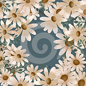 White daisies frame isolated on gray green background Limited color palette Vintage style pattern