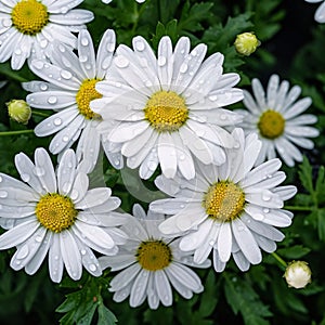 White daisies with green leaves in a field, close-up view. Drops of dew, rain, water on the petals. Flowering flowers, a symbol of