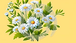 White daisies with green leaves on a yellow background. Vector illustration.. Generated AI