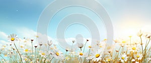 White daisies in the meadow on blue sky background.