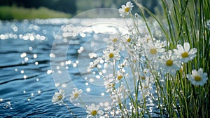 White Daisies Beside Sparkling River Water