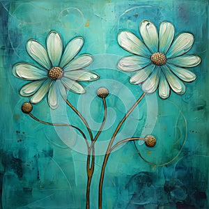 White Daisies On Turquoise: A Voluminous Two-dimensional Painting