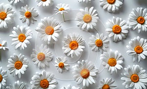White daisies on white background. Collage of beautiful chamomile flowers