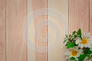 White daisies on wooden background with copy space for text