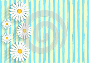 White Daisies in Yellow Background with Blue Watercolor Stripes Pattern