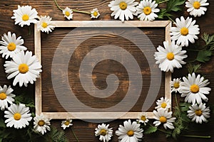 white daisy chamomile flowers with frame on wooden background top view, beautiful floral template with copy space