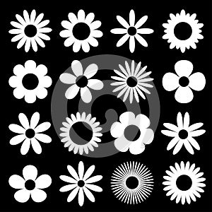 White daisy chamomile silhouette icon. Camomile super big set. Cute round flower head plant collection. Love card symbol. Growing