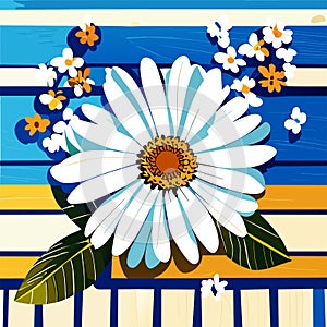 White daisy flower on a blue striped background. Vector illustration. AI Generated