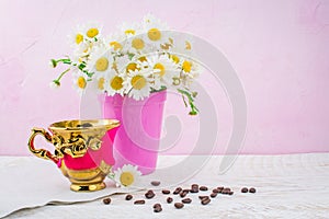 White daisy flower in vase cup a coffee