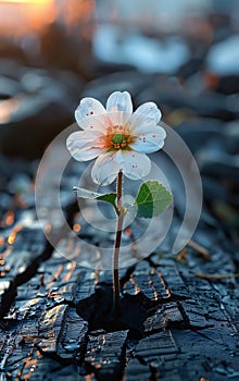 White daisy on a tiny stem and tiny green leaves, growing out of the cracked ground. Flowering flowers, a symbol of spring, new